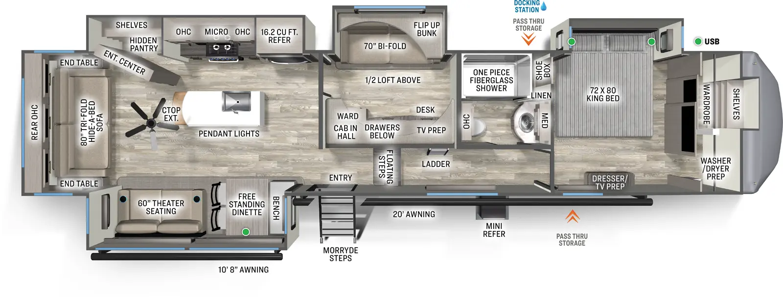 The Sandpiper Fifth Wheels 4003MB floorplan has one entry and four slide outs. Exterior features include: fiberglass exterior, 10'8" & 20' awning and outside kitchen. Interiors features include: bunk beds, loft, kitchen island, free-standing dinette option, front bedroom and rear living.